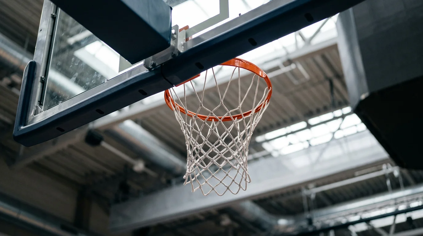Canasta de baloncesto con red y tablero vista desde abajo en arena deportiva
