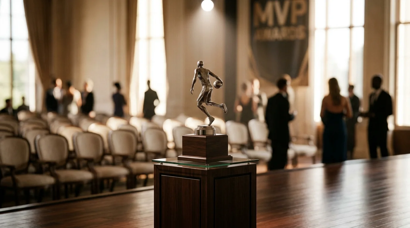 Trofeo MVP de baloncesto sobre pedestal en ceremonia de premios deportivos