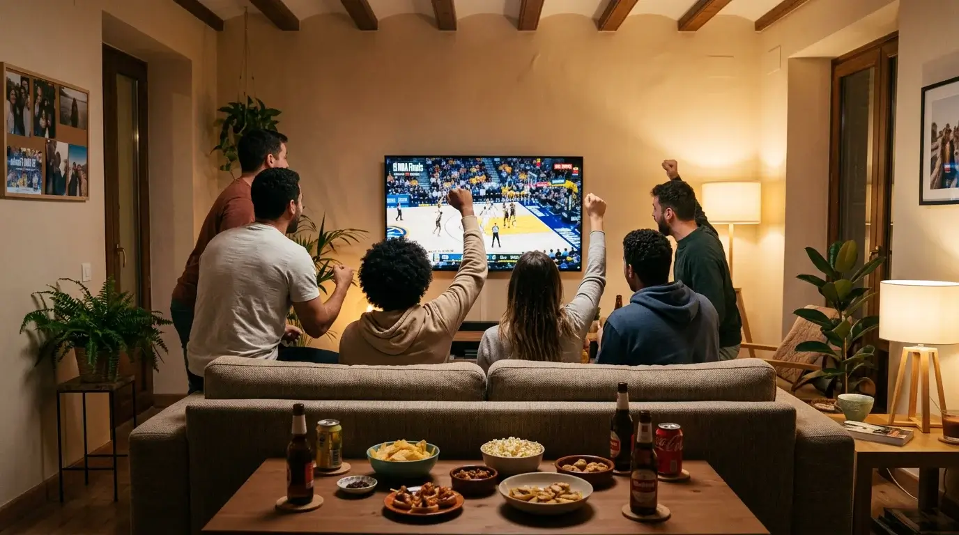 Aficionados viendo un partido de las Finales NBA en una pantalla grande