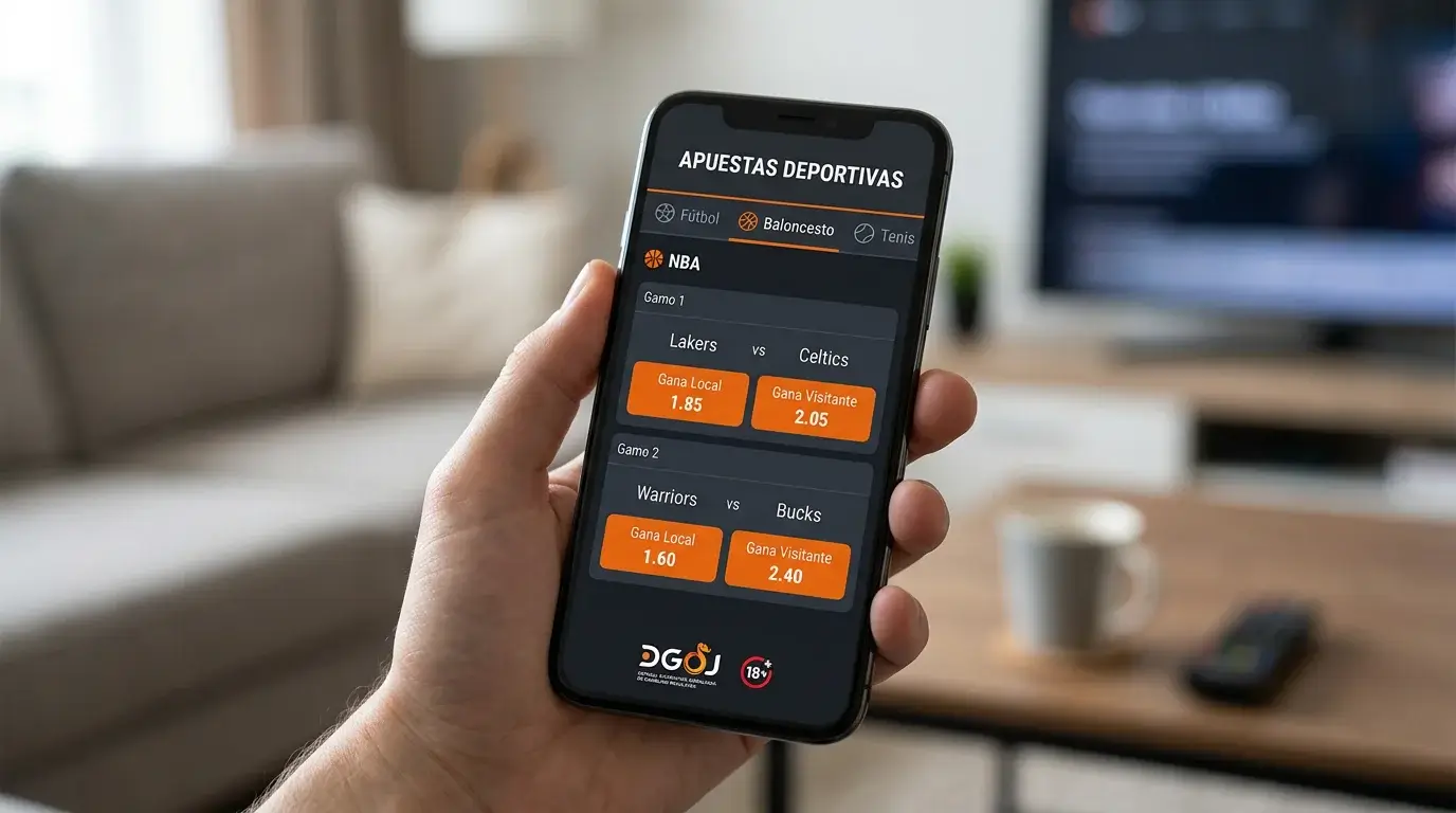 Smartphone mostrando aplicación de apuestas deportivas con mercados NBA