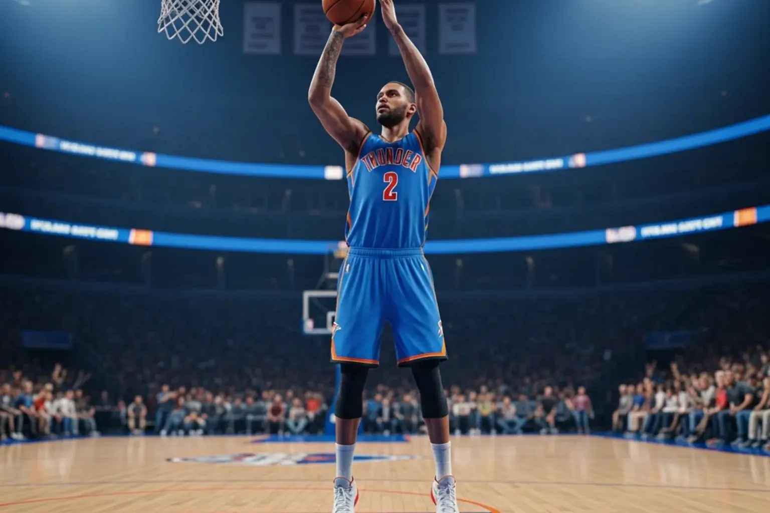 Jugador de baloncesto profesional ejecutando un tiro en suspensión durante un partido NBA